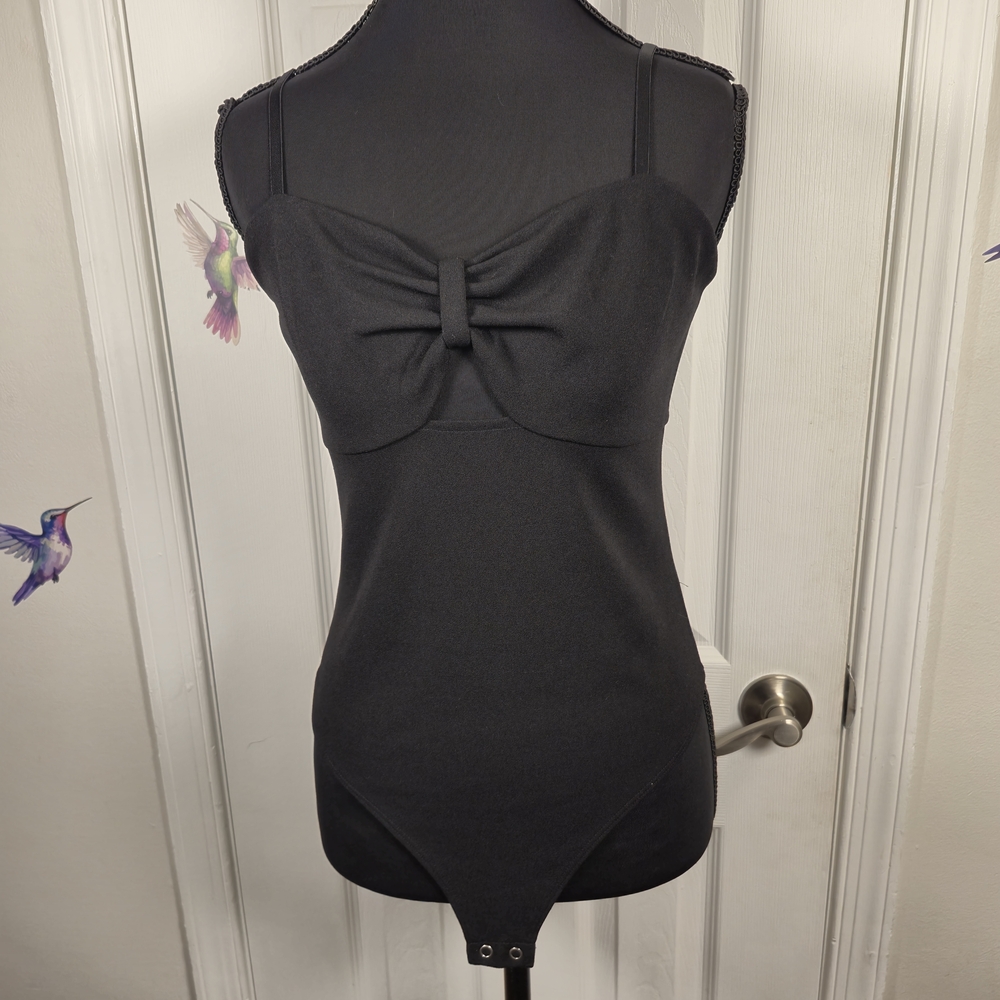 Express Black Bow Front Sweetheart Neck Bodysuit M Pinup Y2K Coquette Thong - Picture 2 of 5